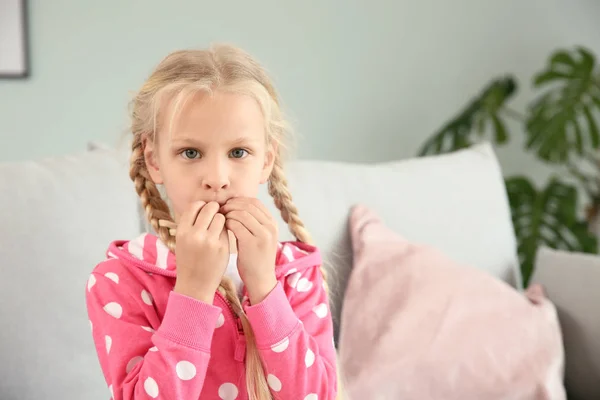 Little deaf mute girl using sign language at home — Stock Photo, Image