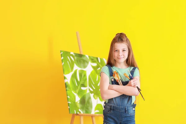 Cute little artist on color background — Stock Photo, Image