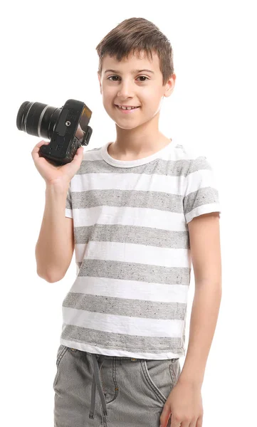 Cute little photographer on white background — Stock Photo, Image