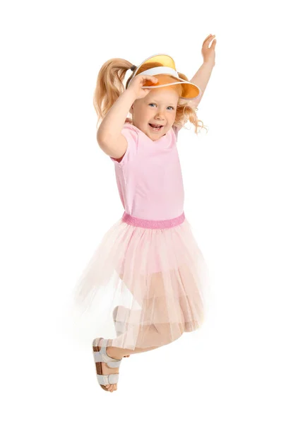 Retrato de niña saltando sobre fondo blanco —  Fotos de Stock