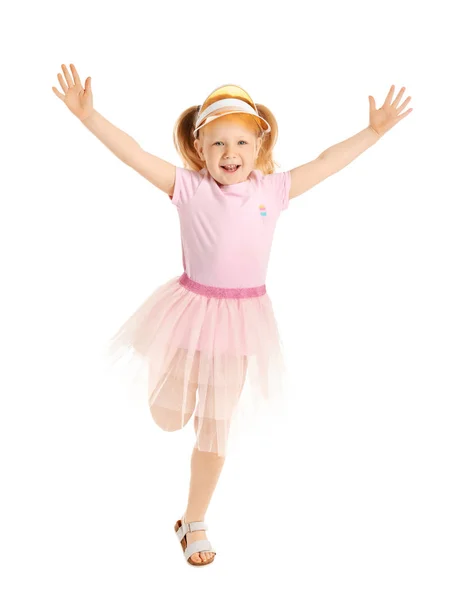 Portrait of jumping little girl on white background — Stock Photo, Image