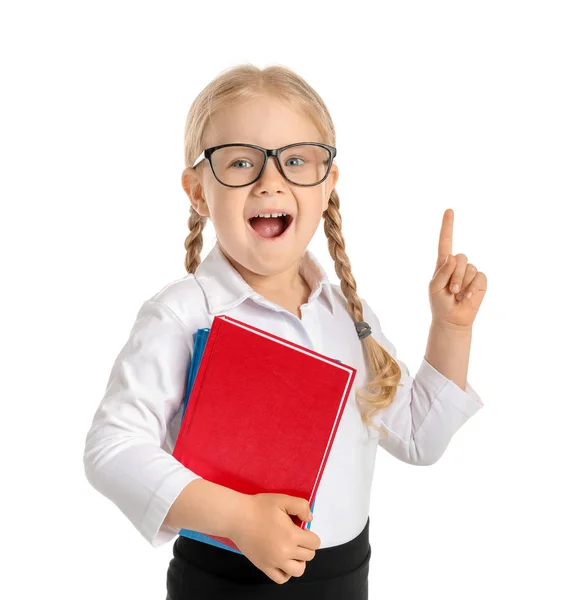 Portrait of adorable little schoolgirl with raised index finger on white background — Stock Photo, Image
