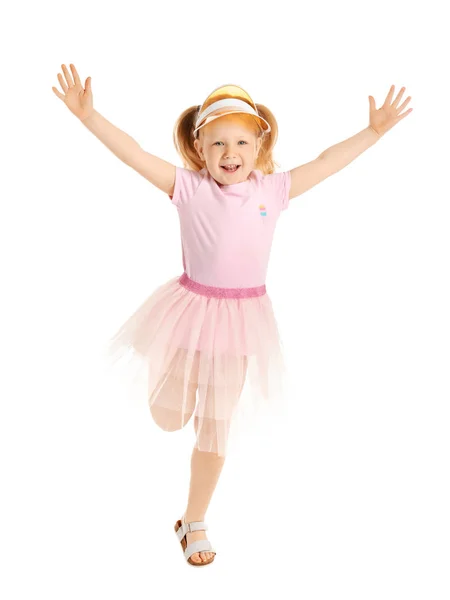 Portrait of jumping little girl on white background Royalty Free Stock Images