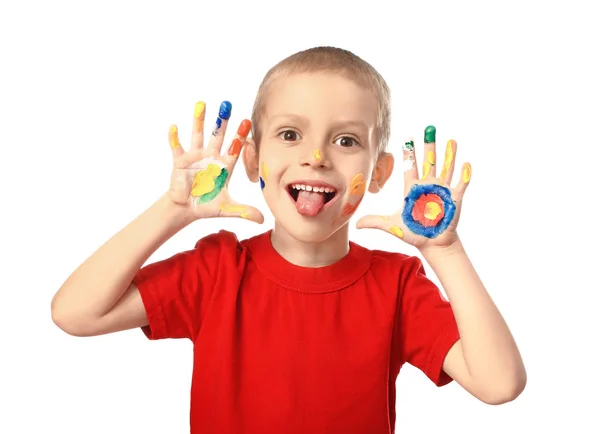 Funny little boy with hands and face in paint on white background — Stock Photo, Image