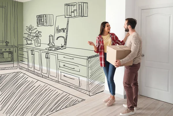 Pareja feliz imaginando el interior de la nueva casa en el día de mudanza — Foto de Stock