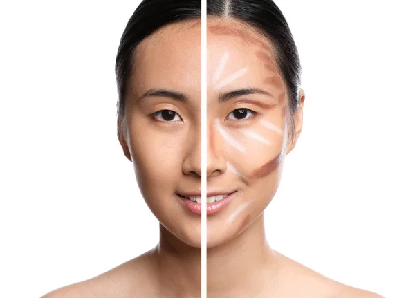 Tvář asijské ženy s a bez tvaru make-upu na bílém pozadí — Stock fotografie