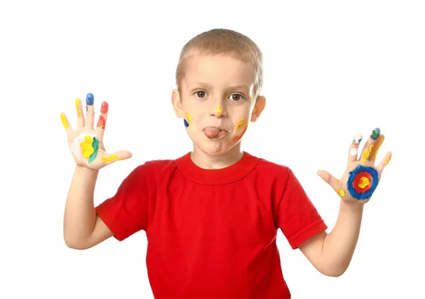 Beyaz arka planda eller ve yüz boya ile komik küçük çocuk — Stok fotoğraf
