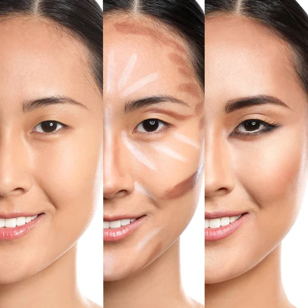 아시아 여성의 얼굴에 컨투어링 메이크업을 적용하는 다양한 단계 — 스톡 사진
