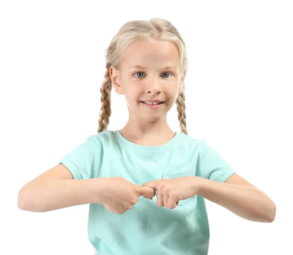 Little deaf mute girl using sign language on white background — Stock Photo, Image