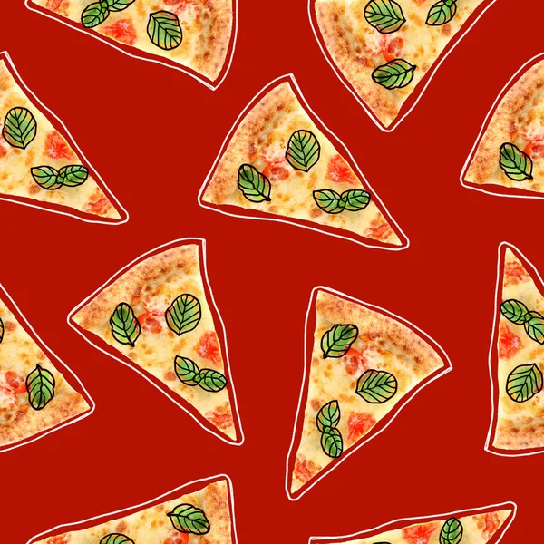 빨간 배경에 맛있는 피자 조각 — 스톡 사진