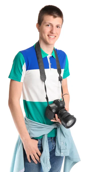 Teenager mit Fotokamera auf weißem Hintergrund — Stockfoto