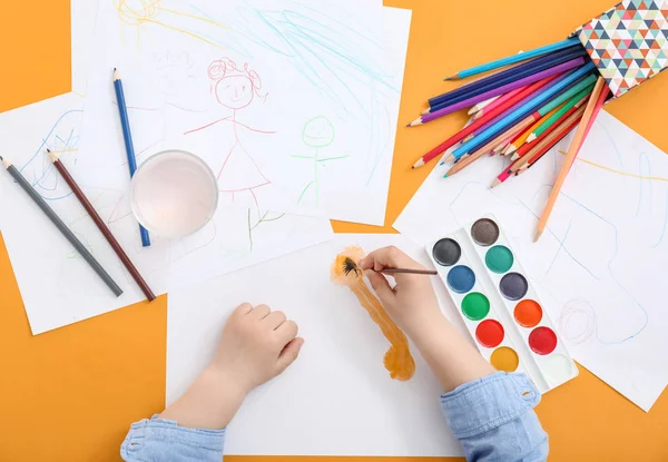 Cute little child painting at table, top view — Stock Photo, Image