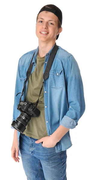 Teenage boy with photo camera on white background — Stock Photo, Image