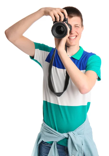 Tizenéves fiú fotókamera fehér háttérrel — Stock Fotó