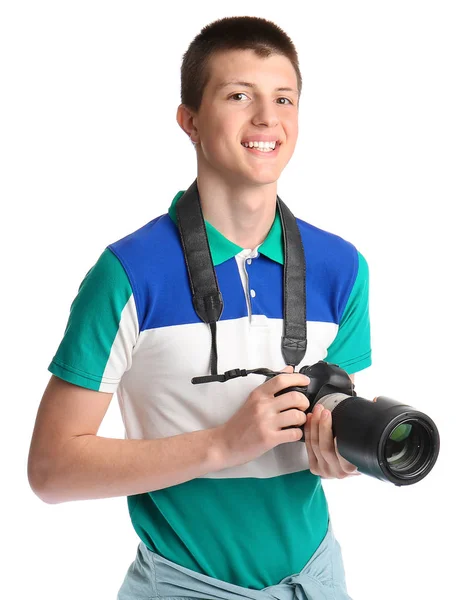 Adolescente com câmera de foto no fundo branco — Fotografia de Stock