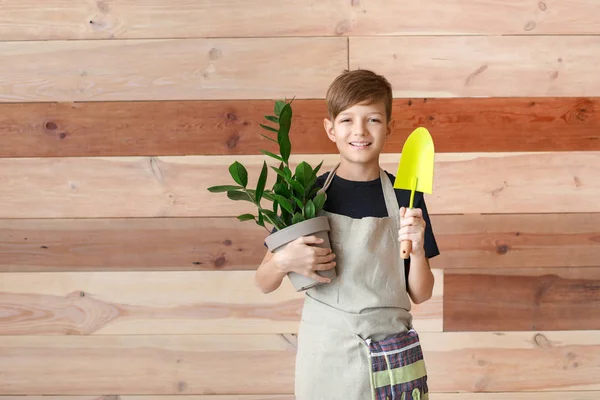 Cute little gardener on wooden background — Stock Photo, Image