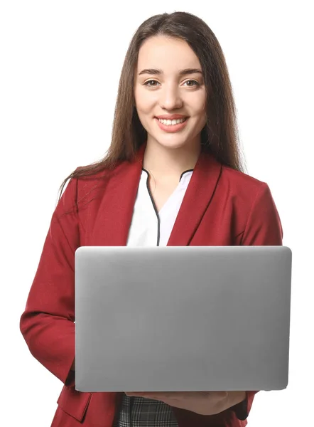 Junge Programmiererin mit Laptop auf weißem Hintergrund — Stockfoto