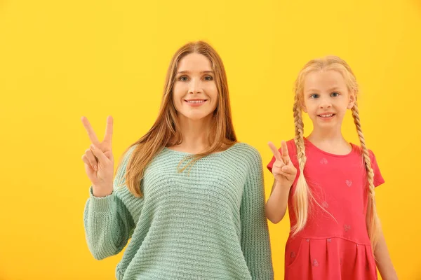 小聋哑女孩和她的母亲在色彩背景上使用手语 — 图库照片