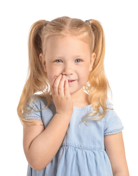 Retrato de menina adorável no fundo branco — Fotografia de Stock