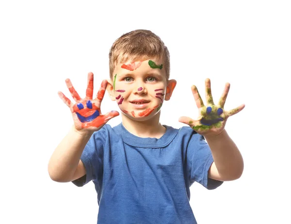 Funny little boy with hands and face in paint on white background — Stock Photo, Image