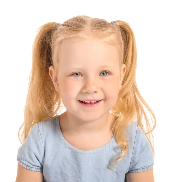 Πορτρέτο του αξιολάτρευτο μικρό κορίτσι σε λευκό φόντο — Φωτογραφία Αρχείου