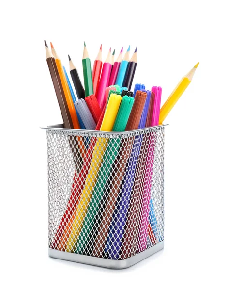 Colorful pencils and felt-tip pens on white background — Stock Photo, Image