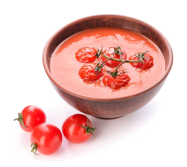 Bowl of tasty tomato cream soup on white background — Stock Photo, Image