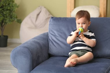 Evde kanepede oturan Nibbler ile sevimli küçük çocuk