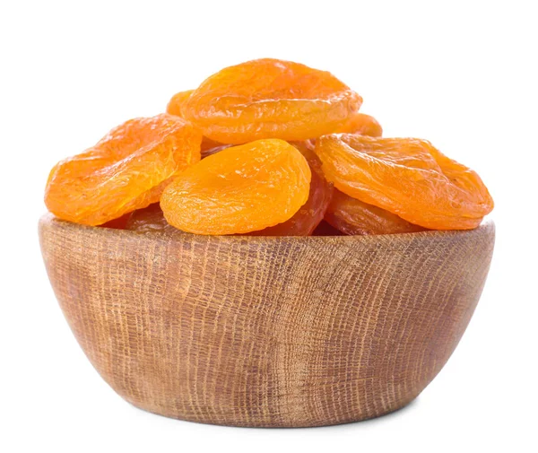 Bowl with tasty dried apricots on white background — Stock Photo, Image