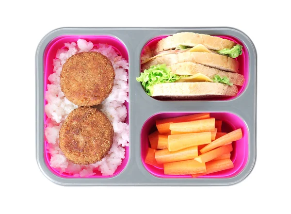 Lunch box with tasty food on white background — Stock Photo, Image
