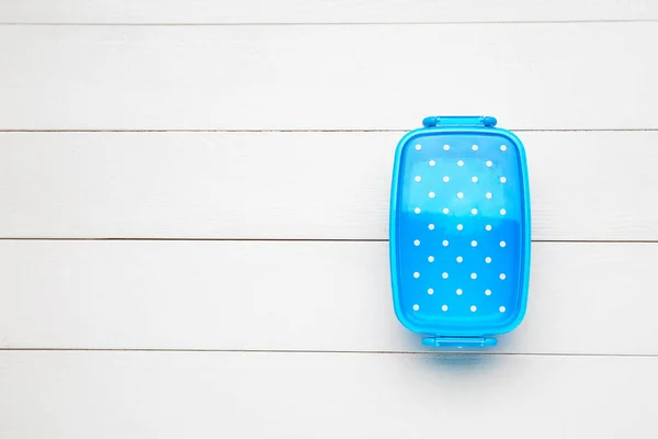 Plastic lunch box on white wooden background — Stock Photo, Image