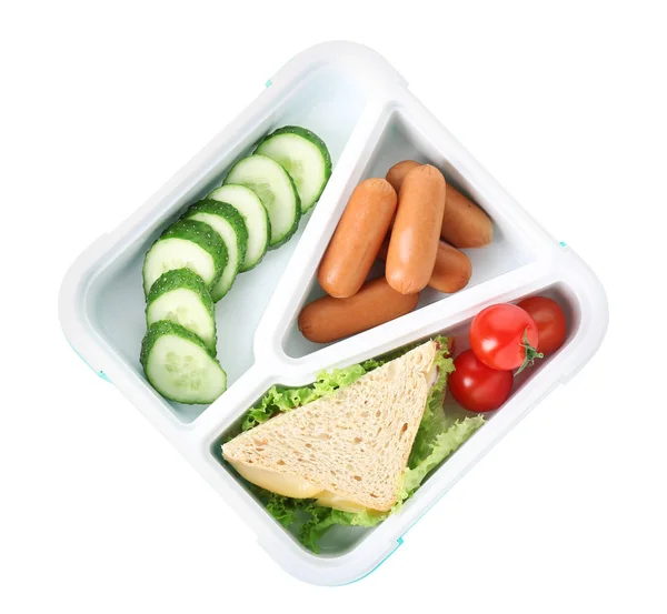 Lunchbox met lekker eten op witte achtergrond — Stockfoto