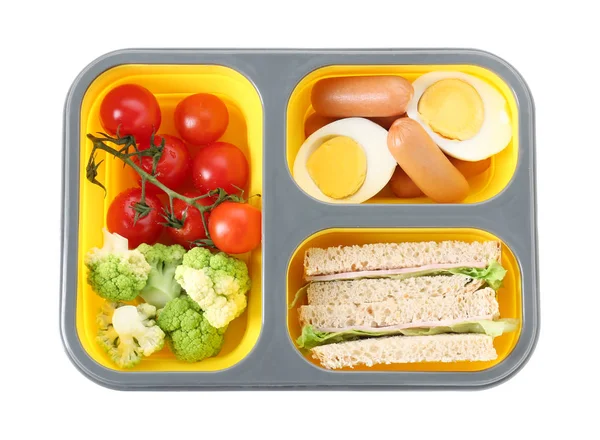 Scatola da pranzo con cibo gustoso su sfondo bianco — Foto Stock