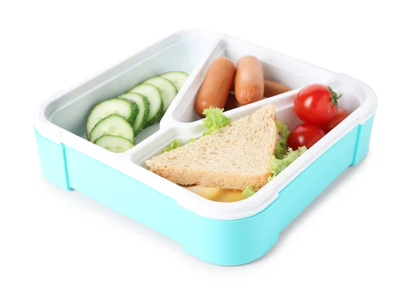 Caixa de almoço com comida saborosa no fundo branco — Fotografia de Stock