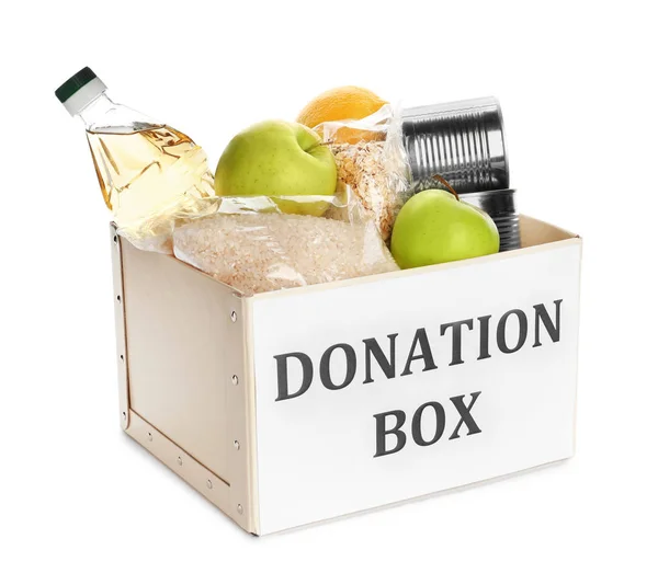 Box with donation food on white background