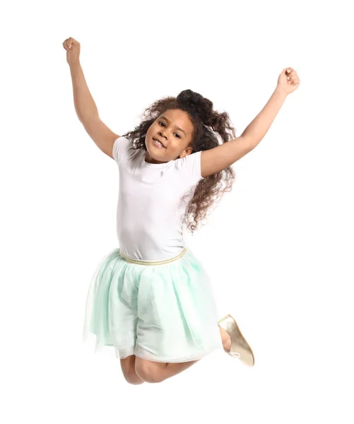 Jumping African-American girl on white background — Stock Photo, Image