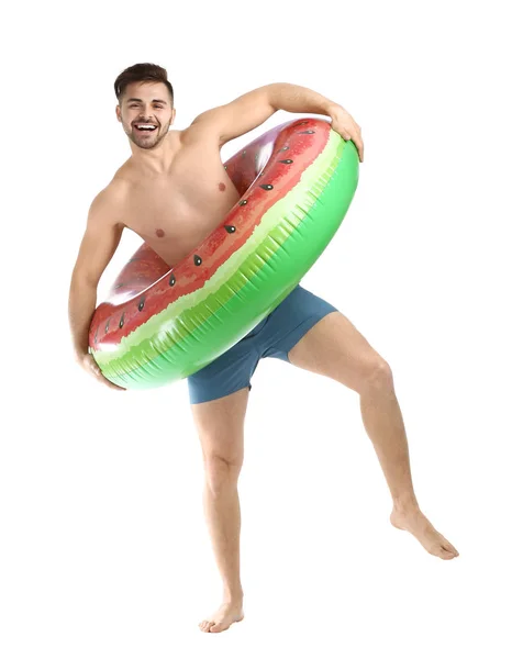 Happy young man with inflatable ring on white background — Stock Photo, Image