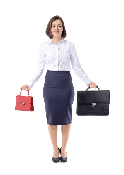 Jonge zakenvrouw met verschillende tassen op witte achtergrond. Concept van evenwicht tussen werk en vrije tijd — Stockfoto