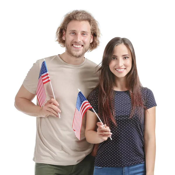 Fiatal emberek az USA zászlókkal fehér alapon — Stock Fotó