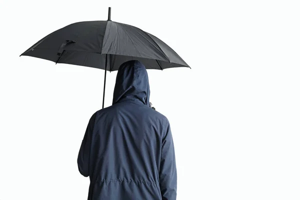Schöner Mann mit Regenschirm auf weißem Hintergrund, Rückseite — Stockfoto