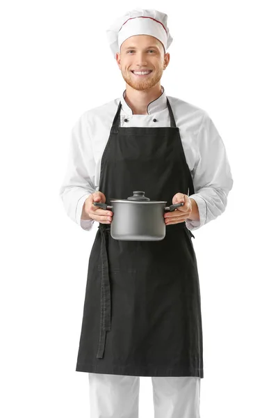 Bonito chef masculino com sopa no fundo branco — Fotografia de Stock