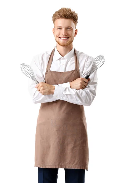 Pohledný mužský šéfkuchař na bílém pozadí — Stock fotografie