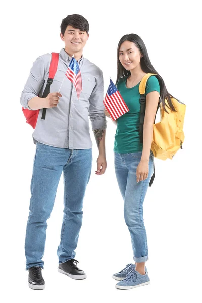 흰색 배경에 미국 플래그와 아시아 학생 — 스톡 사진