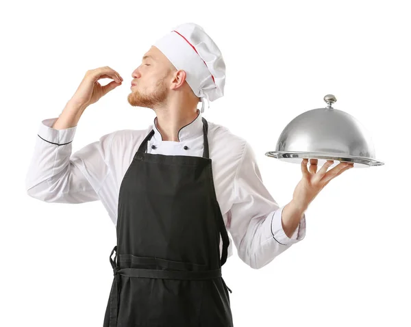 Przystojny mężczyzna szef kuchni z tacą i Cloche na białym tle — Zdjęcie stockowe