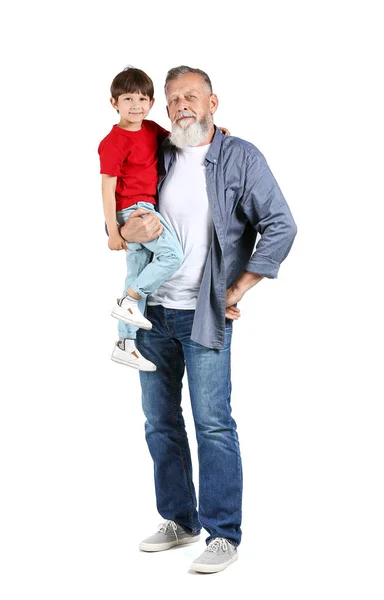 Cute little boy with grandfather on white background — Stock Photo, Image