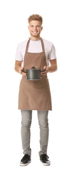 Schöner männlicher Koch mit Suppe auf weißem Hintergrund — Stockfoto