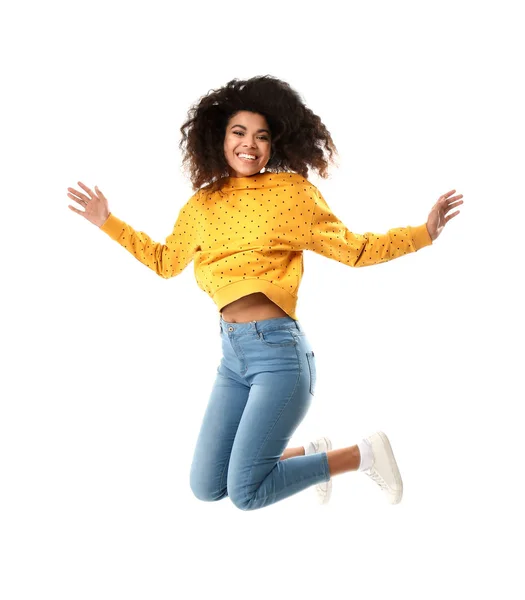 Jumping African-American woman on white background — Stock Photo, Image