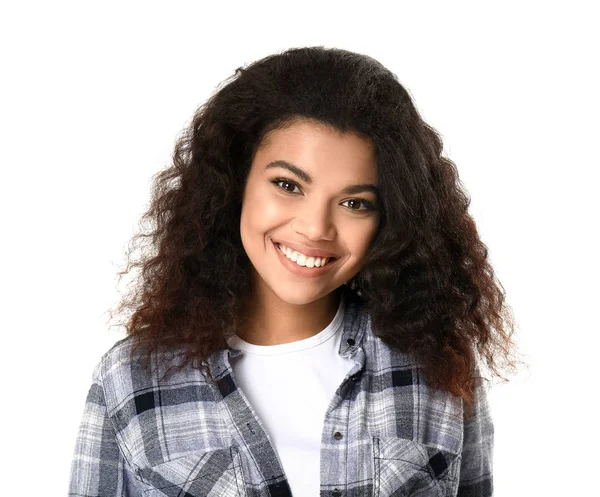 Portrait of cute African-American woman on white background — Stock Photo, Image