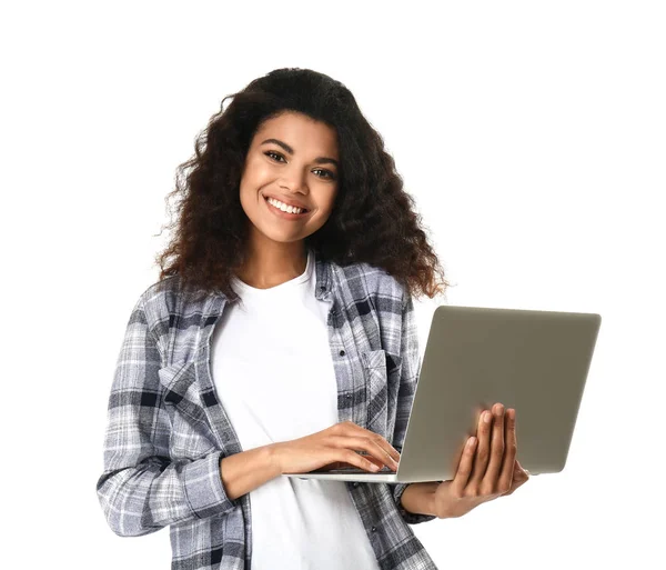 Portrait of cute African-American woman with laptop on white background — Stock Photo, Image