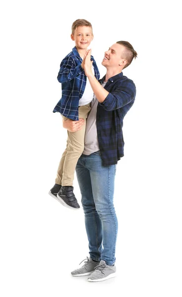 Portrait of happy father and son on white background — Stock Photo, Image